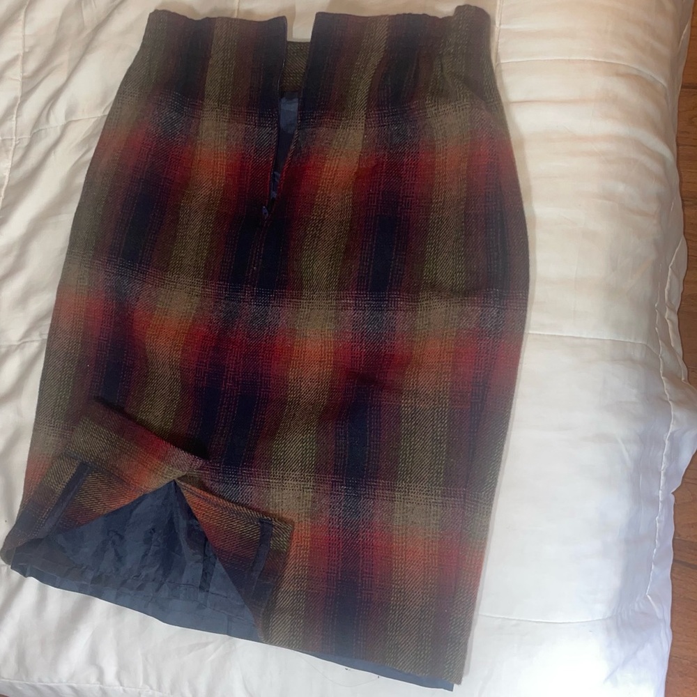 Vintage 1970s Talon Zip Multicolored Plaid Wool Midi Pencil Skirt
